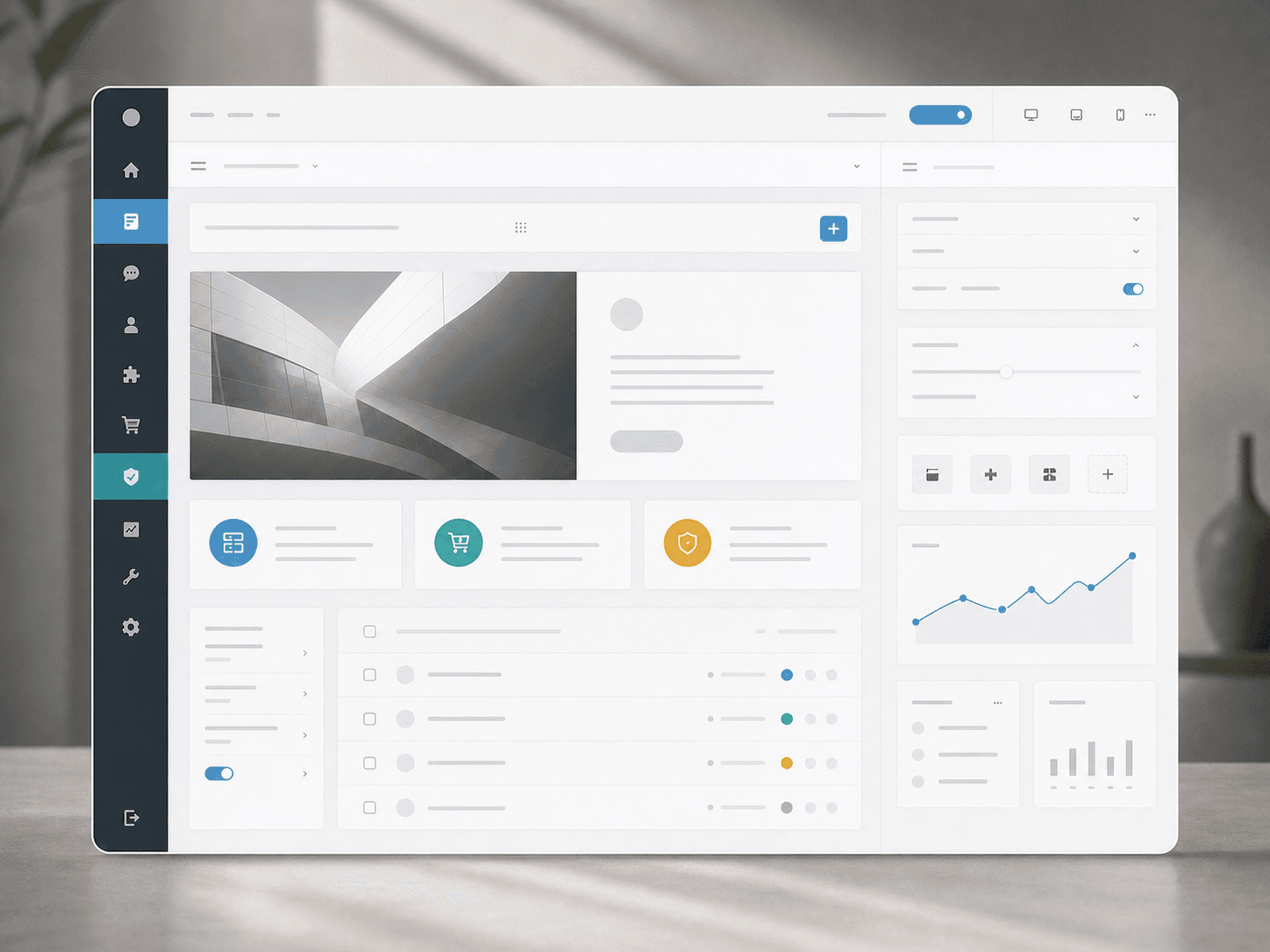 WordPress Arbeitsbereich für Website-Inhalte, Erweiterungen, Shop, Sicherheit und Analyse