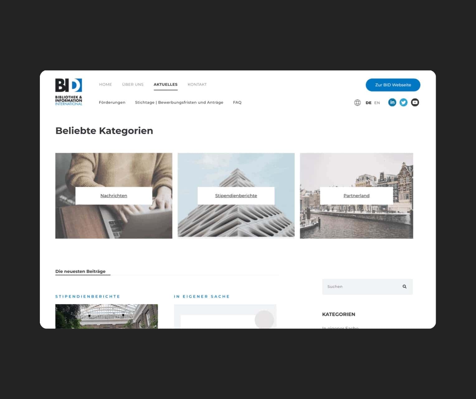 BI-International - Inhaltsbereich der Förderwebsite
