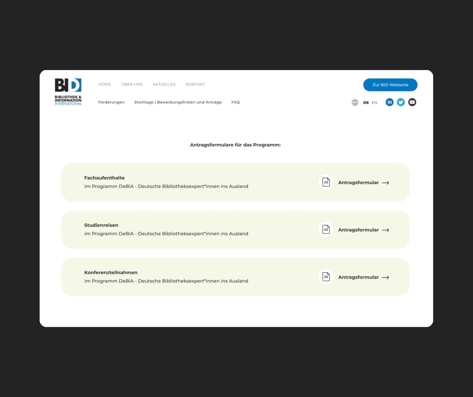 BI-International - Kontaktbereich der Förderwebsite