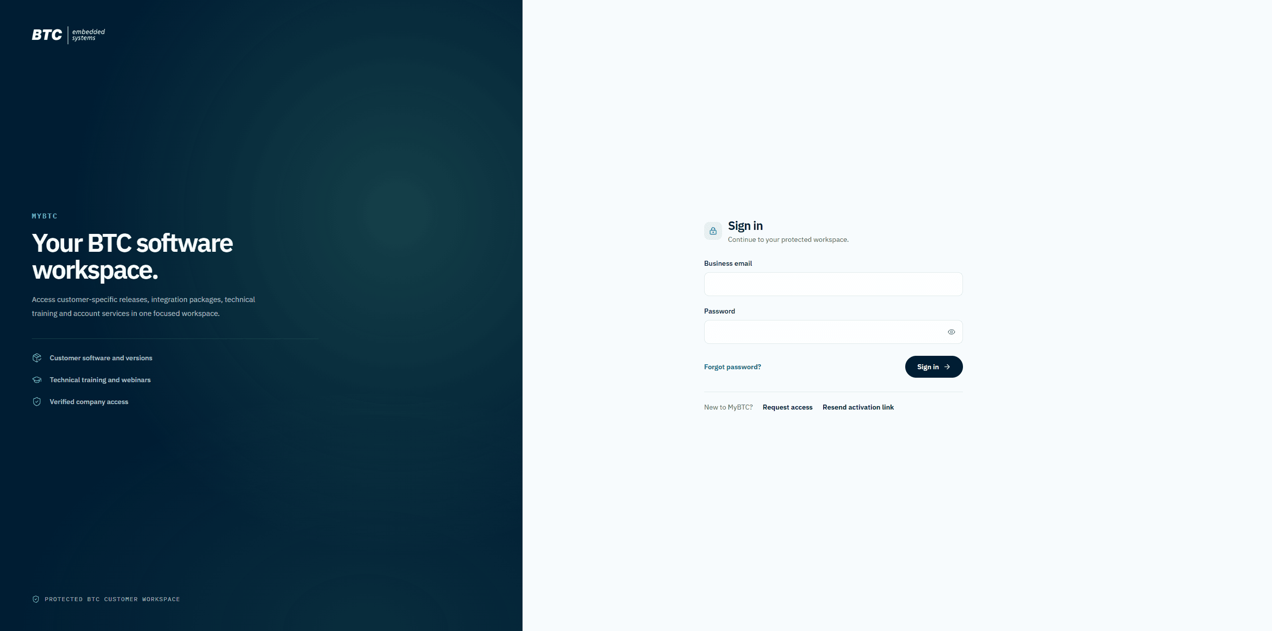 BTC Embedded MyBTC Login mit geschütztem Zugang zu Releases, Integrationen und technischen Trainings