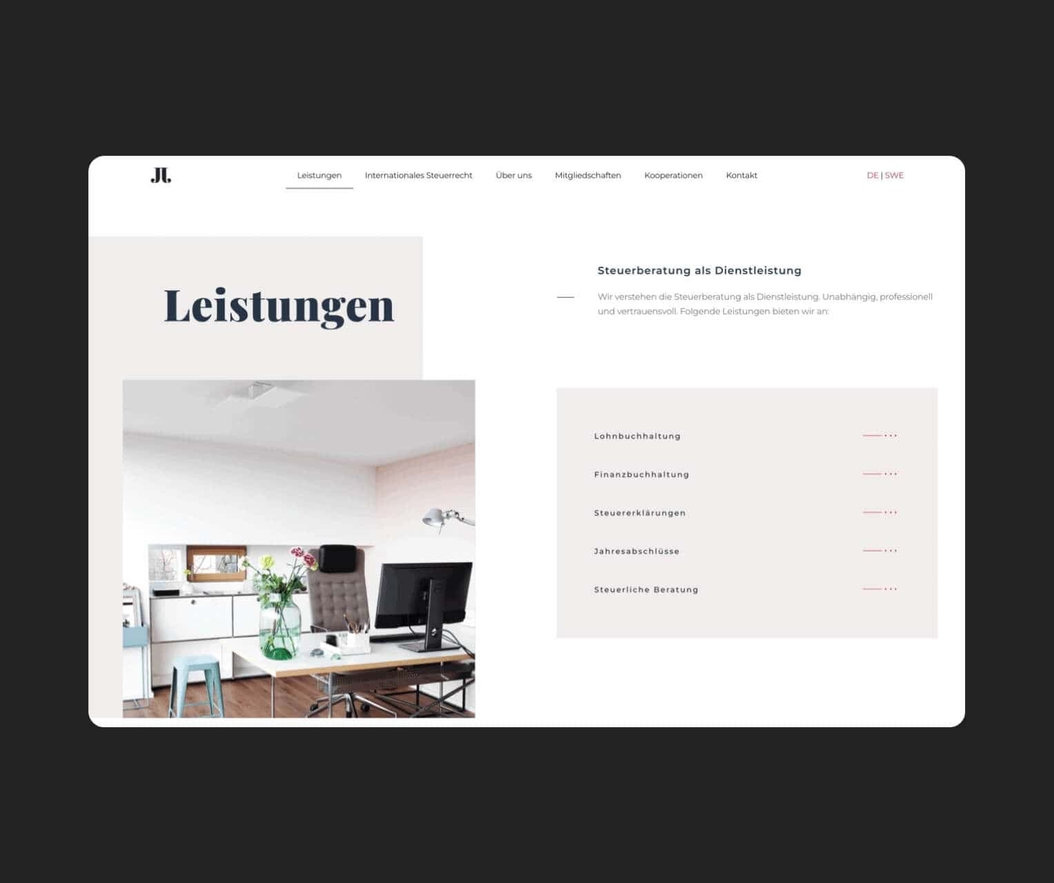 Johansson Steuerberatung - Website-Ansicht mit Leistungsstruktur