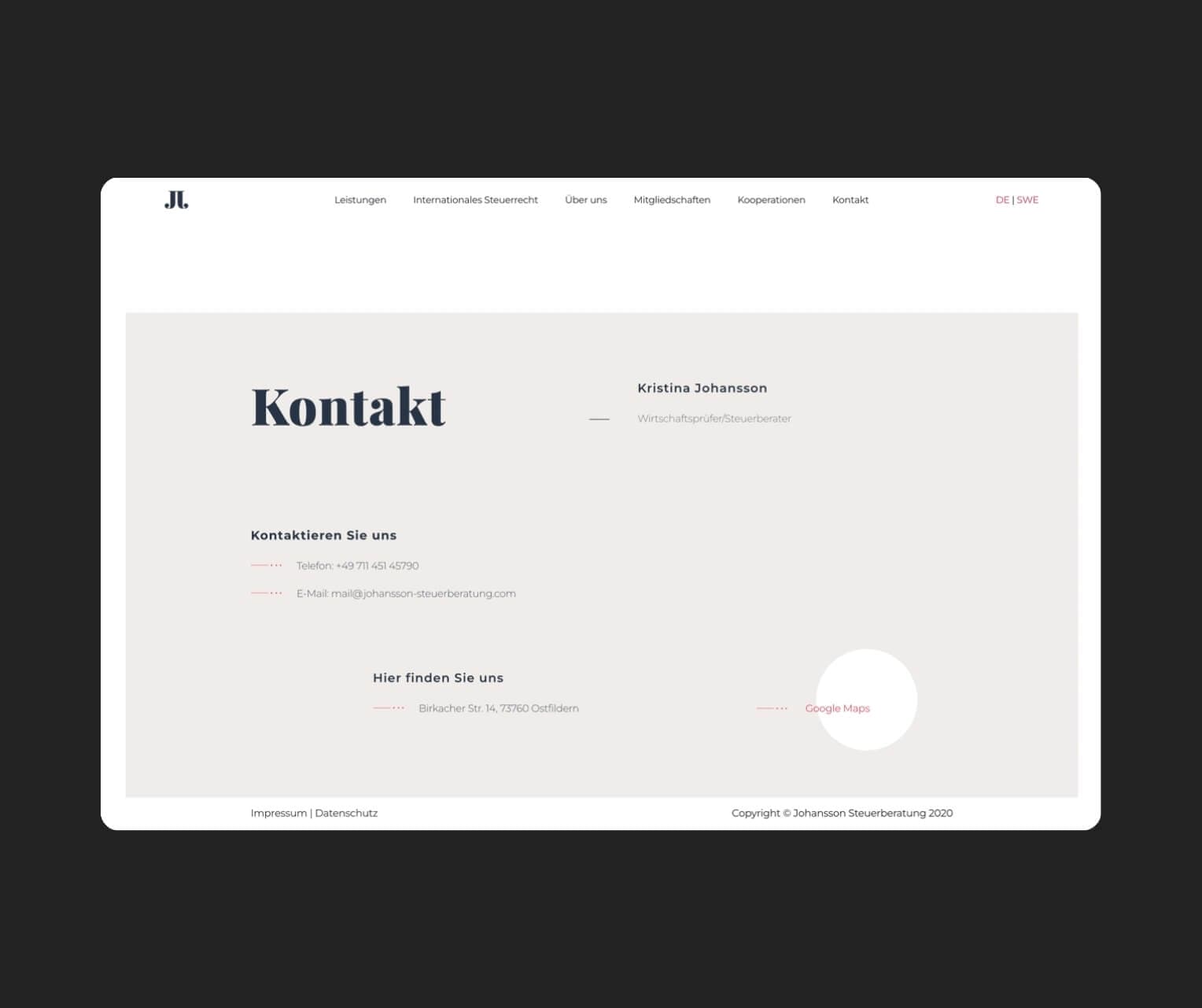 Johansson Steuerberatung - Kontaktbereich der Website