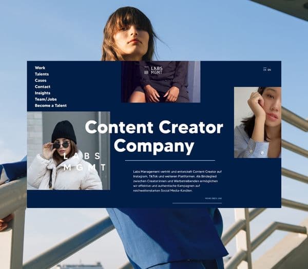 Labs Management portfolio preview with agency website and talent views