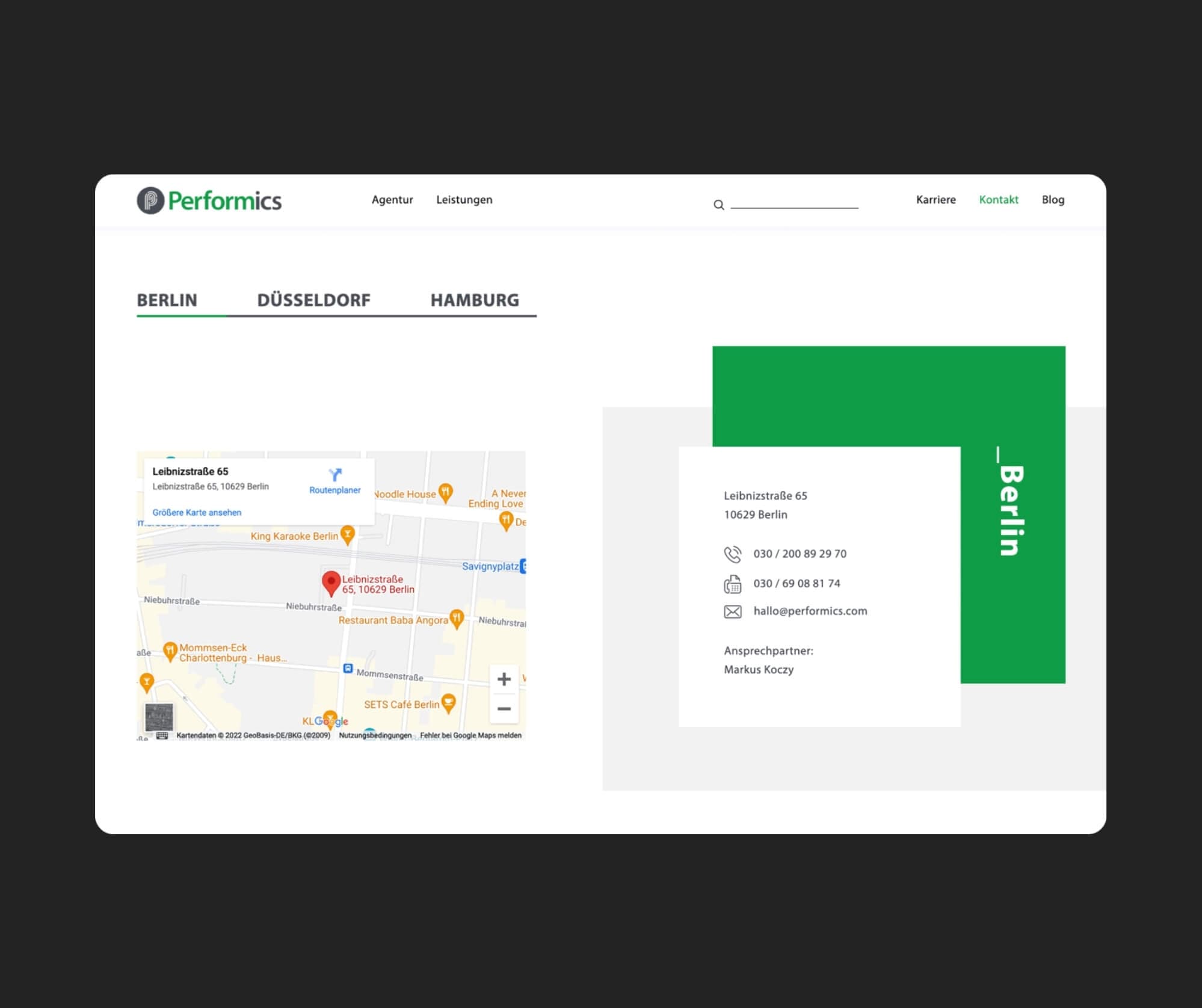 Performics - Kontaktbereich des Website Relaunchs