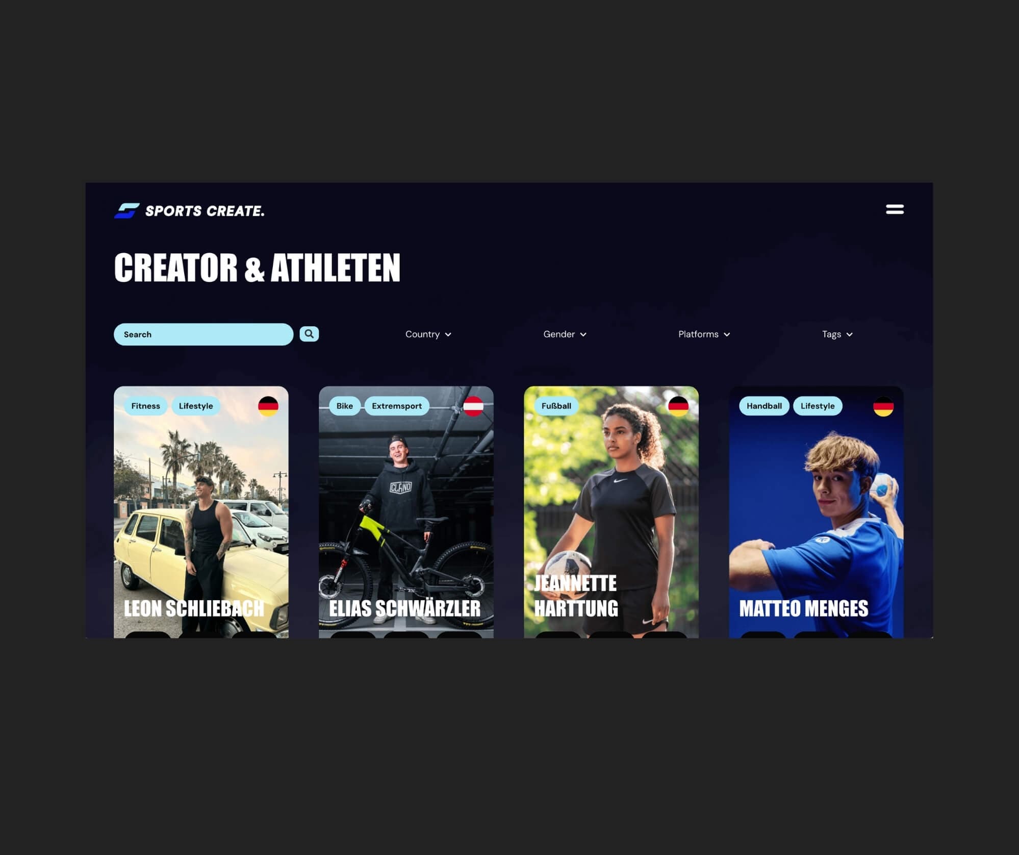 Sports Create - Creator- und Athletenbereich der Website