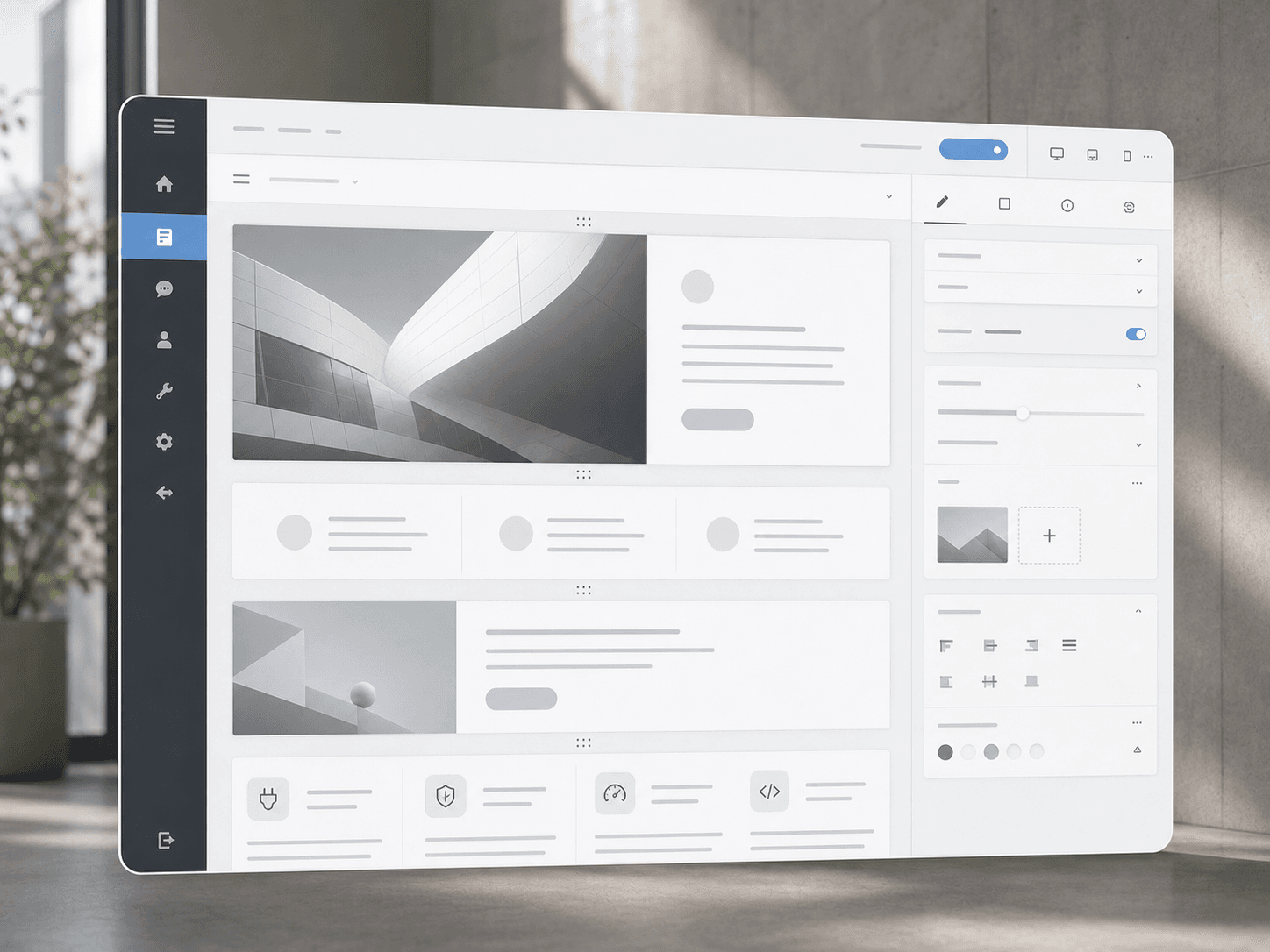 WordPress development workspace with modular content sections, custom fields and a website preview